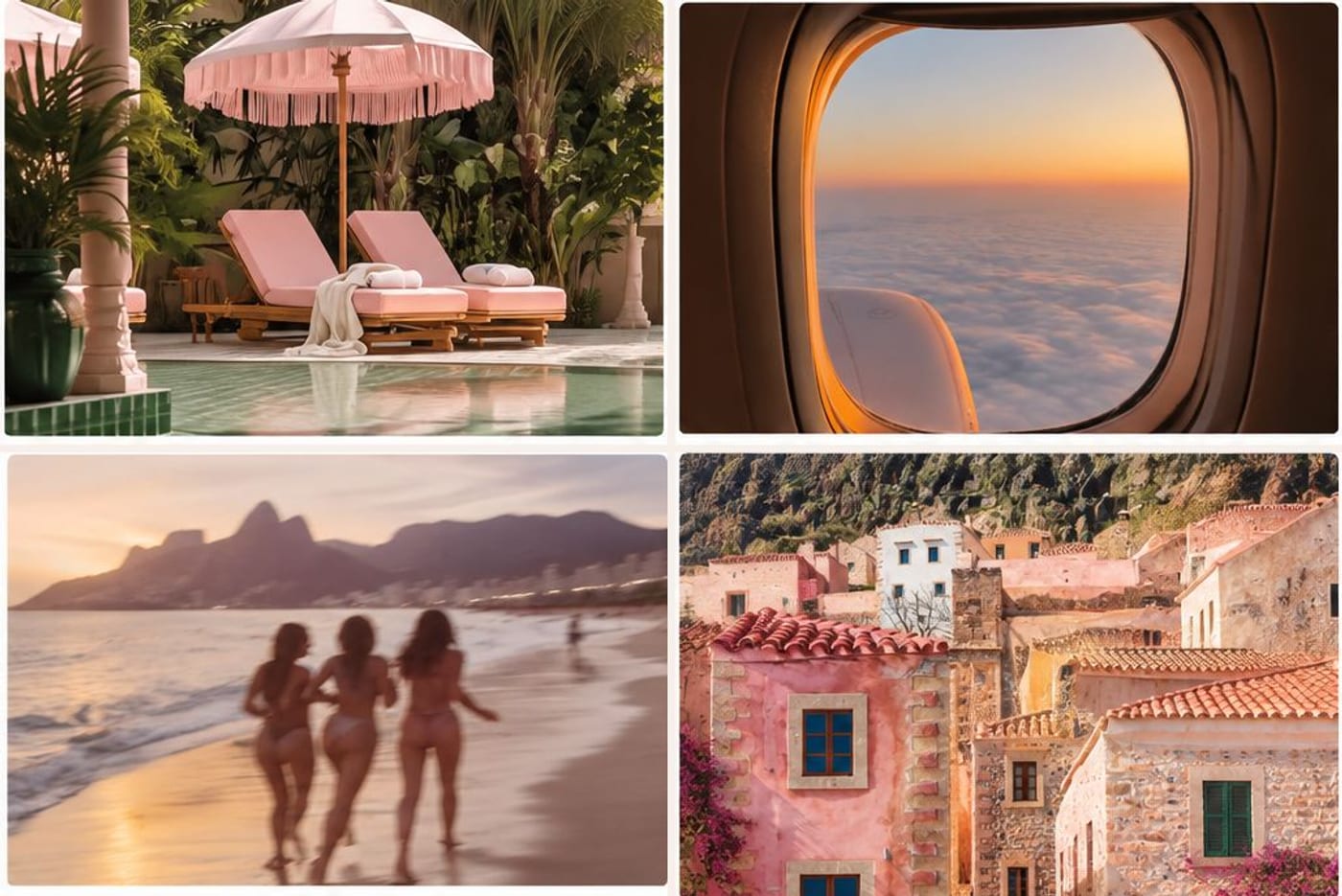 Pink poolside loungers, a plane window at sunset, an evening beach and a pastel Mediterranean village